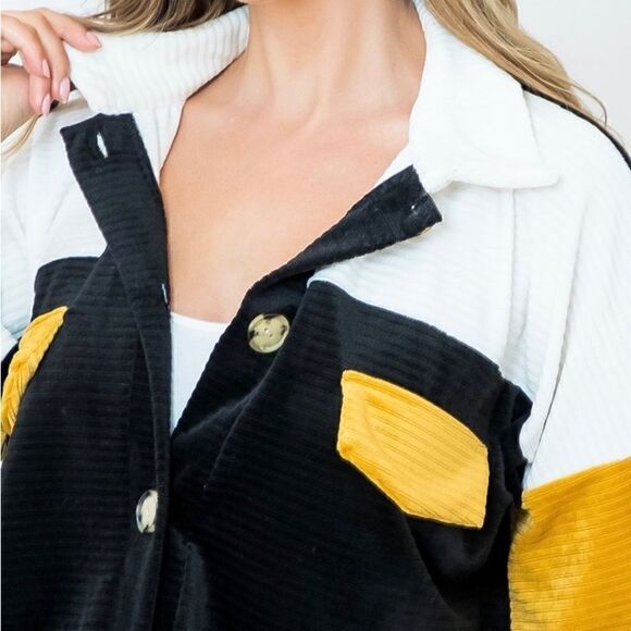 NEW ITEM !! COLOR BLOCK BUTTON DOWN VELVET TOP- BLACK-IVORY-MUSTARD! SO CUTE - Picture 5 of 6